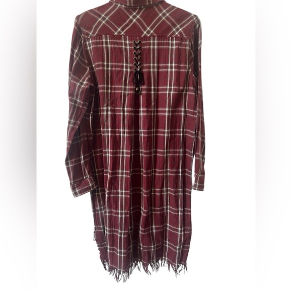 MM VINTAGE Plaid Shirt Shacket/ Dress Lace Up Corset Back Fringe Hem M - Picture 2 of 6